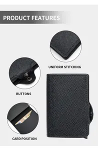 Detailed view of black PU leather RFID blocking automatic popup card wallet with neat stitching.