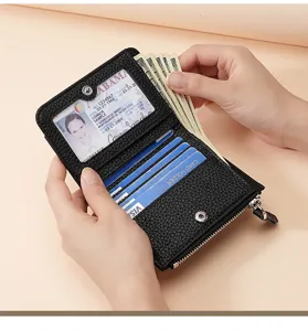 Portefeuille femme en cuir veritable avec fentes pour cartes fermeture eclair noir