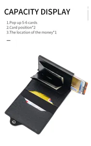 Minimalist popup card wallet with aluminum holder and RFID blocking PU leather material.
