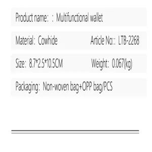 Detaillierte Spezifikationskarte mit Geldbörsengröße, Material und Verpackungsinfos.