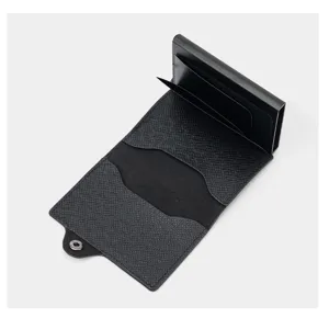 Automatic popup card holder, black PU leather and metal card case with RFID blocking.