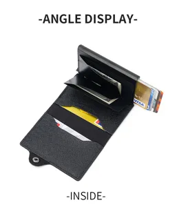 Detail view of automatic popup card holder, PU leather and metal card case interior.