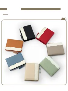 Portefeuille femme en cuir véritable multicolore fermeture éclair porte-monnaie détail