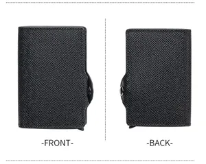 Black automatic pop-up card holder wallet with RFID blocking metal case for daily use.