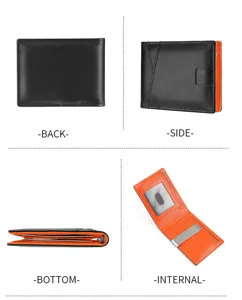 Cartera de hombre de cuero genuino tarjetero con bloqueo RFID y clip negro naranja