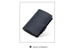 Dark blue leather pop up card holder with RFID blocking aluminum box minimalist wallet
