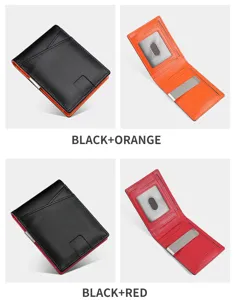 Detalle de la cartera de cuero para hombre con ranuras para tarjetas y pinza para dinero.
