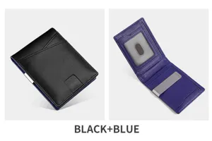 Moderna cartera de cuero para hombre con clip para billetes y ranuras, detalle bicolor.