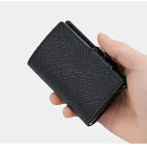 Compact black leather pop-up card wallet metal case RFID blocking credit card holder detail view