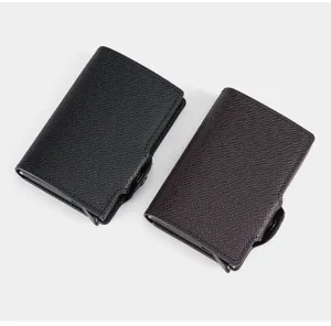 Automatic pop up card wallet with RFID blocking metal aluminum case and premium PU leather cover.