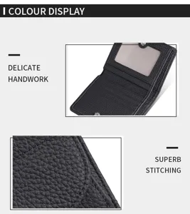 Detailansicht der schwarzen Echtleder-Brieftasche mit feinen Nähten und Kartenfächern.
