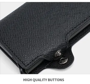 Black PU leather metal pop up card holder wallet with high quality buttons detail view.