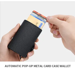 Automatic pop-up metal card case wallet RFID blocking sleek leather cardholder.