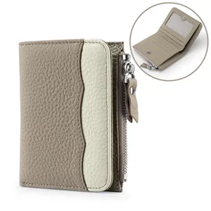 Portefeuille pour Femmes en Cuir Véritable Bloc de Couleur Court Poche à Monnaie Fermeture Éclair Blocage RFID Multi Fentes à Cartes Petit Portafolio