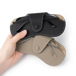 Estuche de Gafas de Cuero Auténtico Funda de Gafas de Sol Portátil Caja de Almacenamiento Minimalista Cierre a Presión Para Hombres y Mujeres
