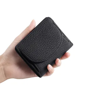 Schwarze Damen Geldbörse aus echtem Leder mit RFID Schutz Klappe Münzfach Kleingeldtasche