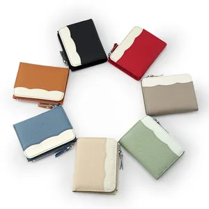 Portefeuille Femme Cuir Véritable Couleur Contrastée Fermeture Éclair Porte-Monnaie