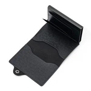 Black automatic pop-up card holder RFID blocking metal aluminum wallet PU leather card case