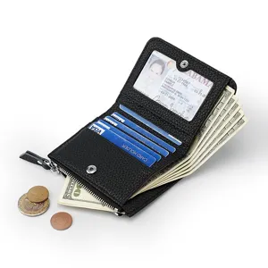 Portefeuille femme en cuir véritable noir avec protection RFID, poche zippée et porte-cartes.