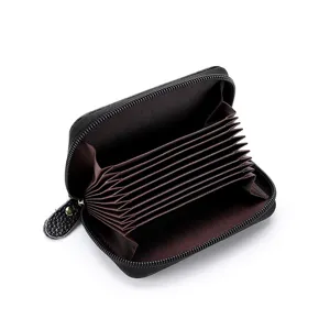 Tarjetero de cuero genuino anti-RFID con acordeón, estuche compacto para tarjetas de crédito en negro.