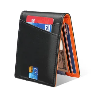 Cartera de Cuero Genuino para Hombre Retro Bloque de Color Bifold Bloqueo RFID Tarjetero Cartera Corta con Clip para Dinero