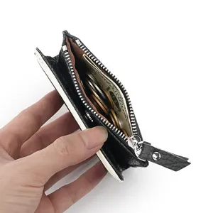 Porte-monnaie noir en cuir véritable pour femmes, portefeuille compact à fermeture éclair.