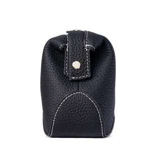 Black genuine leather toiletry bag large cosmetic pouch with metal snap closure main view