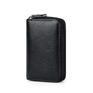 Tarjetero de cuero negro con cremallera, estuche de acordeón anti-RFID para hombres y mujeres.