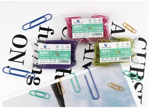Colorful metal paper clips in clear packaging boxes, large medium small sizes, office use.