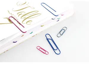 Colorful metal paper clips in various sizes, perfect for office organization and school use.