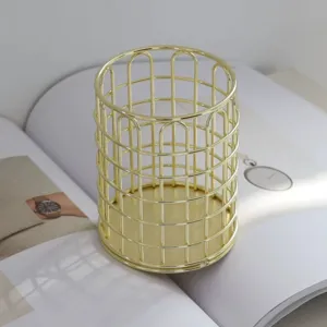 Nordic style gold metal pen holder desktop storage cup for makeup brushes and office items.