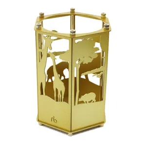 Gold metal hexagonal pen holder desktop organizer with modern African wildlife design