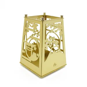 Gold metal hollow pen holder desktop storage organizer with Japanese Mount Fuji cherry blossom design.