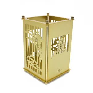 Golden metal hollow pen holder desktop organizer creative stationery storage rack office supply.