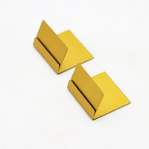 Gold metal L-shaped label clip, business card holder, and desktop price display stand.