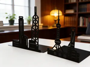 Black metal architectural silhouette bookends detail, modern landmark desktop book support.