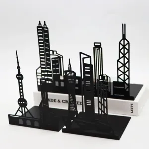 Creative black metal city skyline bookends, landmark architecture desktop book organizer shelf.