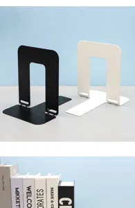 Metal foldable bookend detail, minimalist desktop book stand in black and white for office study.