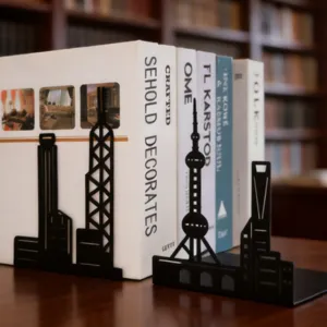 Creative black metal architectural silhouette bookends, landmark skyline desktop L-shaped book support.