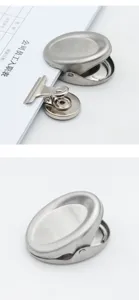 Stainless steel magnetic clip detail view, durable metal binder clip for office and home.