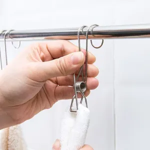 Stainless steel hook clip for clothes drying and kitchen bathroom storage organizer use.