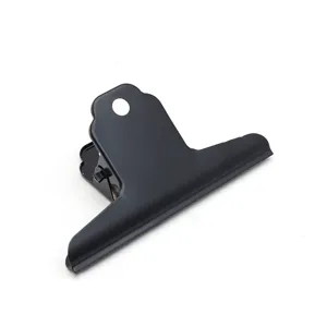 Black metal bulldog clip detail, durable office document paper clamp with hanging hole.