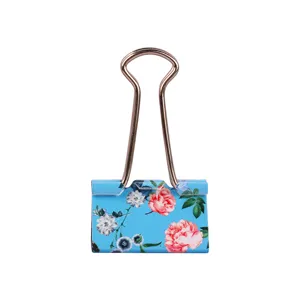 Cute floral binder clips for office and school supplies, blue metal paper clamp stationery.