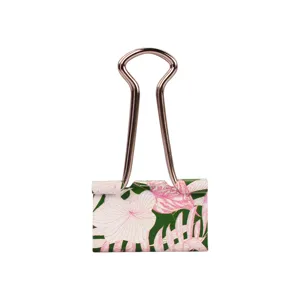 Cute floral binder clip with rose gold handle, stylish metal paper clamp for office stationery.