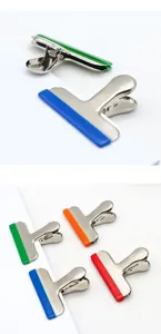 Close-up details of stainless steel bag sealing clips with colorful non-slip silicone strips.