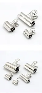 Silver metal binder clips set, durable steel bulldog clamps for office paper organization.