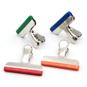 Stainless steel sealing clips with colorful silicone grips, ideal for snacks and office use.