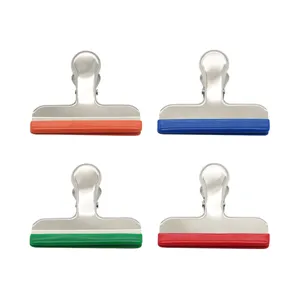 Stainless steel sealing clips with colorful silicone grips for food bags and office paper notes.