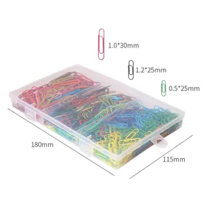 Assorted colorful paper clips in a clear plastic storage box, ideal for office and school organization.