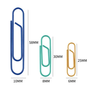 Colorful metal paper clips set in large, medium and small sizes for office and school use.